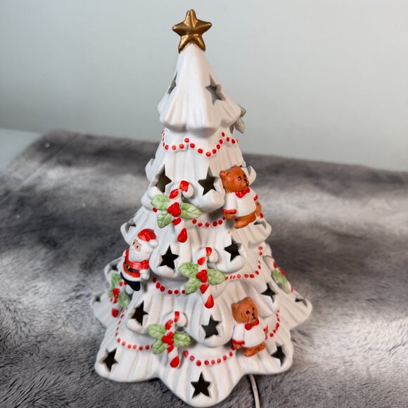 Vintage Porcelain Light Up 8" White Christmas Tree Candy Canes Teddy Bears Santa - Picture 1 of 14